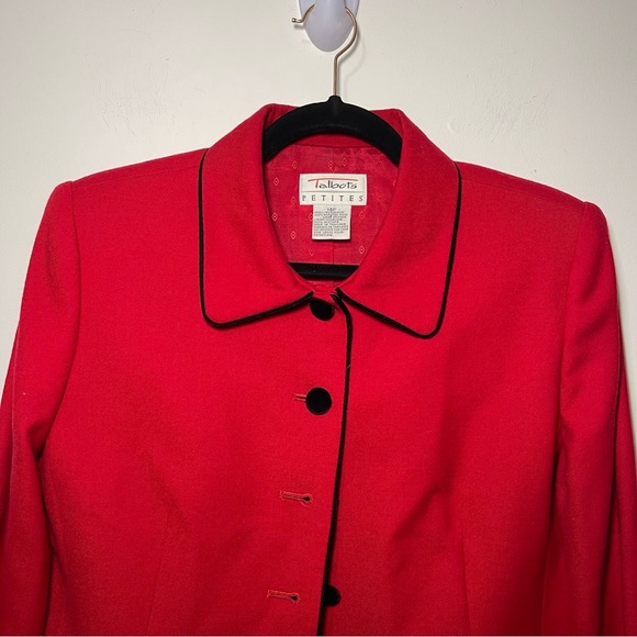 Talbots women's red black trim velvet button vintage career blazer in size 14P - Picture 2 of 7